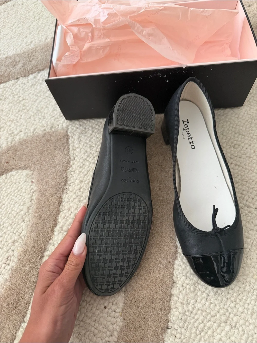Repetto Black Leather Ballet Pumps with Patent Toe and Low Block Heel